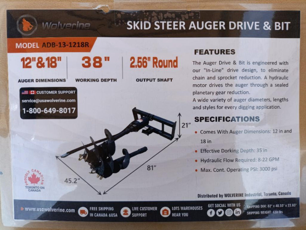 WOLVERINE SKID STEER AUGER ATTACHMENT 12" & 18" BITS