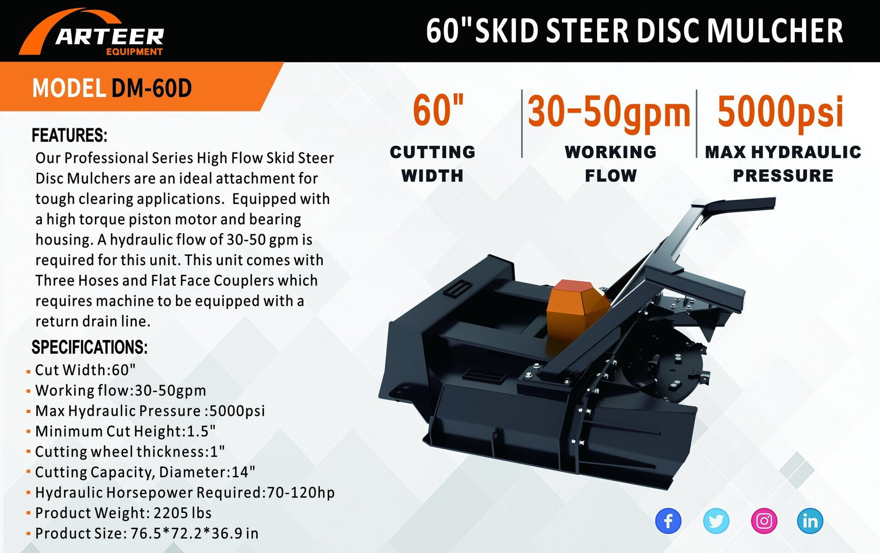 ARTEER DM-60D HIGH FLOW DISC MULCHER FOR SKID STEER by Arteer Equipment
