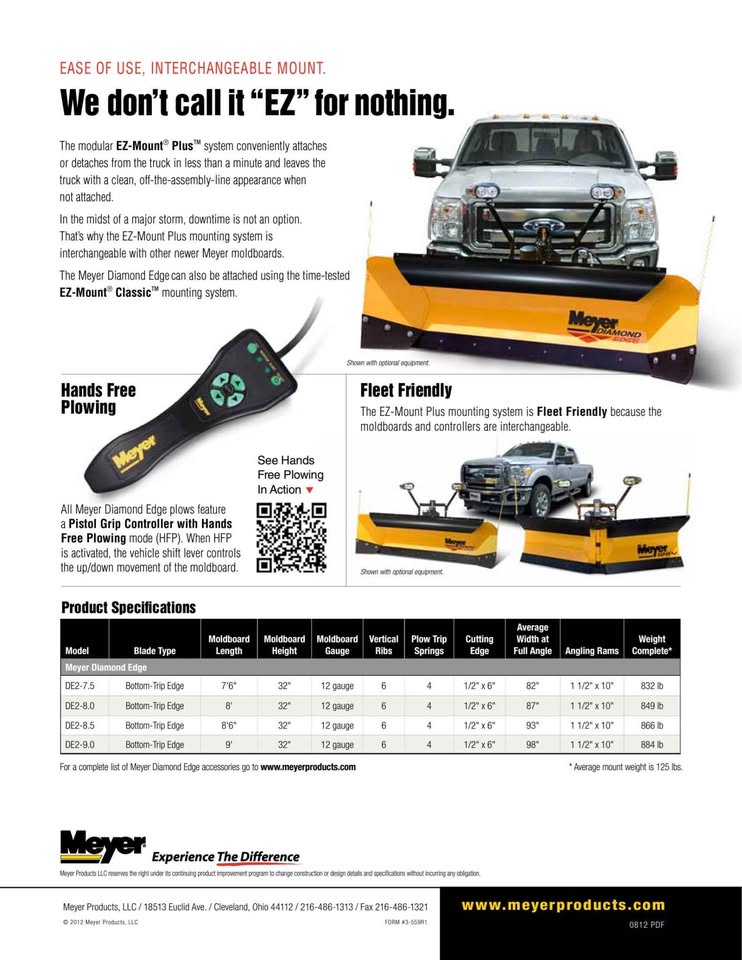 MEYER 7/5' DIAMOND EDGE SNOW PLOW FOR PICK UP TRUCK