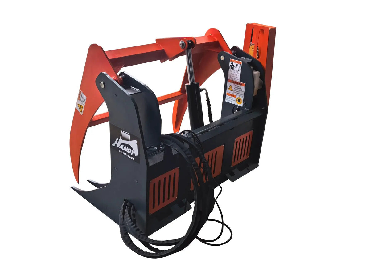 Handy 26in grapple saw attachment for skid steer, orange and black with hydraulic hoses
