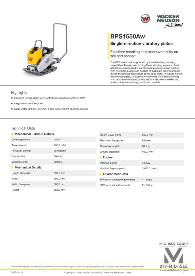 WACKER NEUSON BPS1550Aw PLATE COMPACTOR HONDA