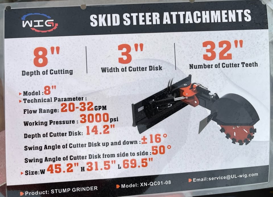 8" STUMP GRINDER ATTACHMENT FOR SKID STEER