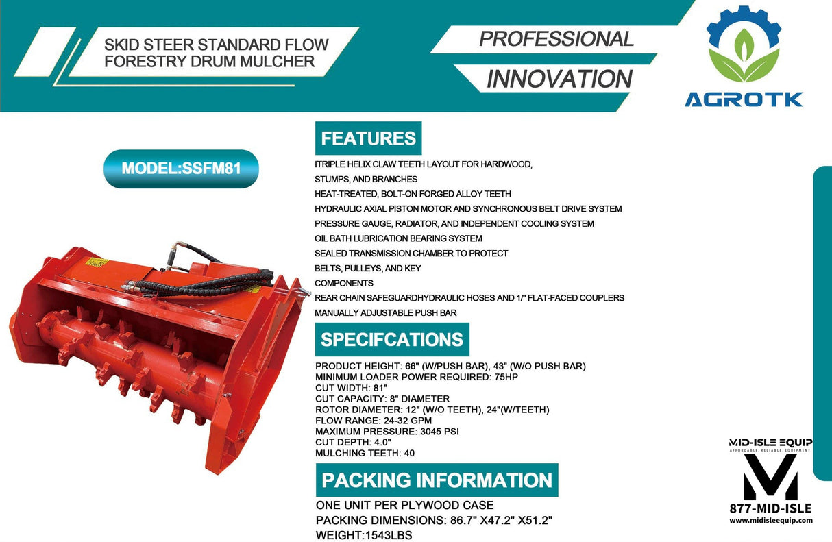 81" AGT HD DRUM FORESTRY MULCHER SKID STEER