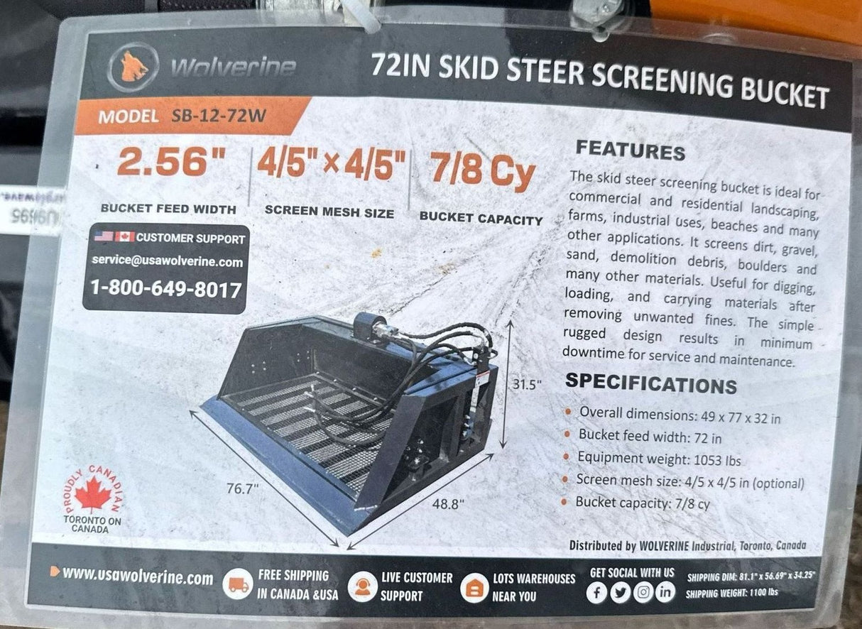 72" WOLVERINE VIBRATING SOIL SCREENING BUCKET FOR SKID STEER