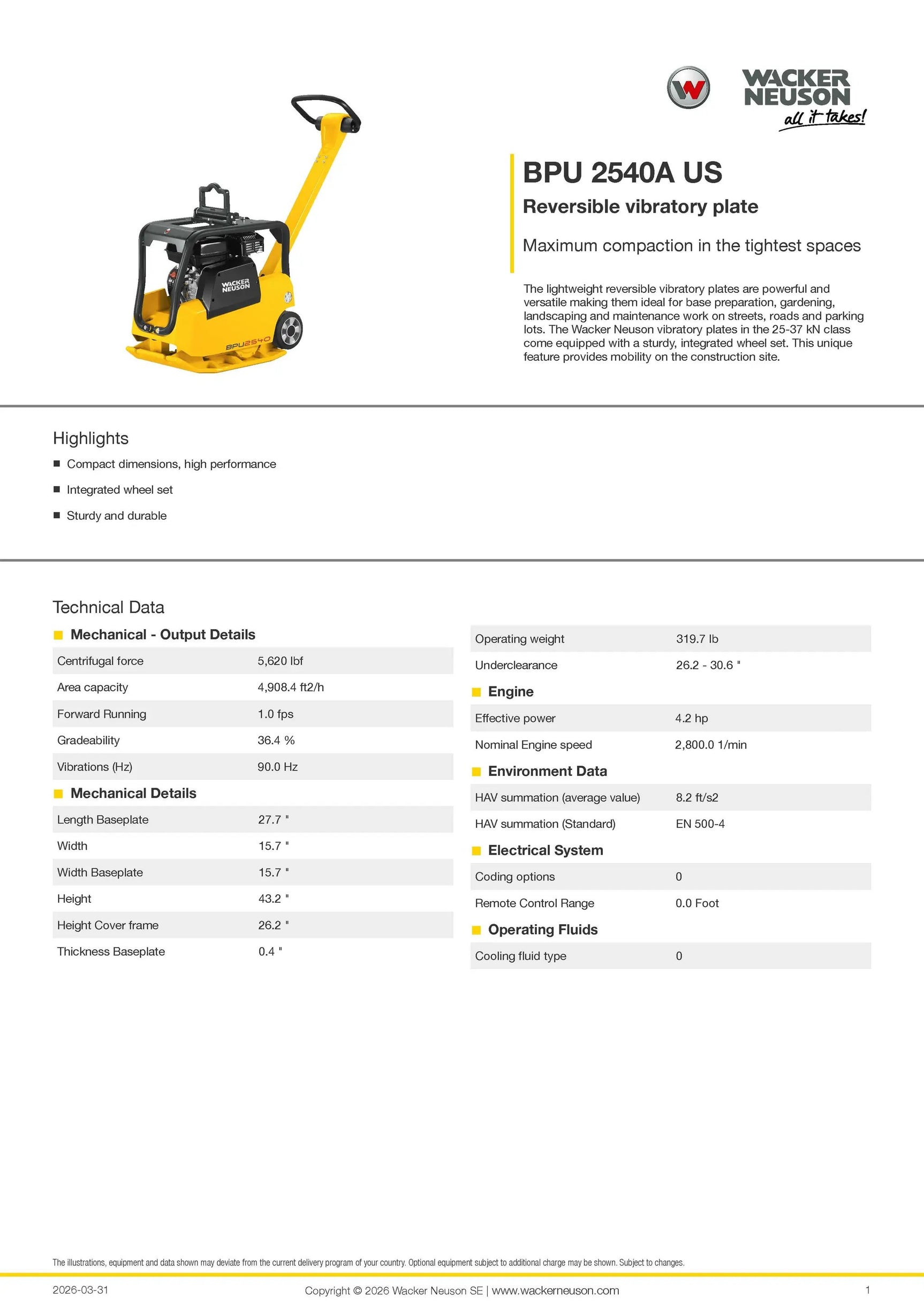 WACKER NEUSON BPU2540 REVERSIBLE PLATE TAMPER by Wacker Neuson