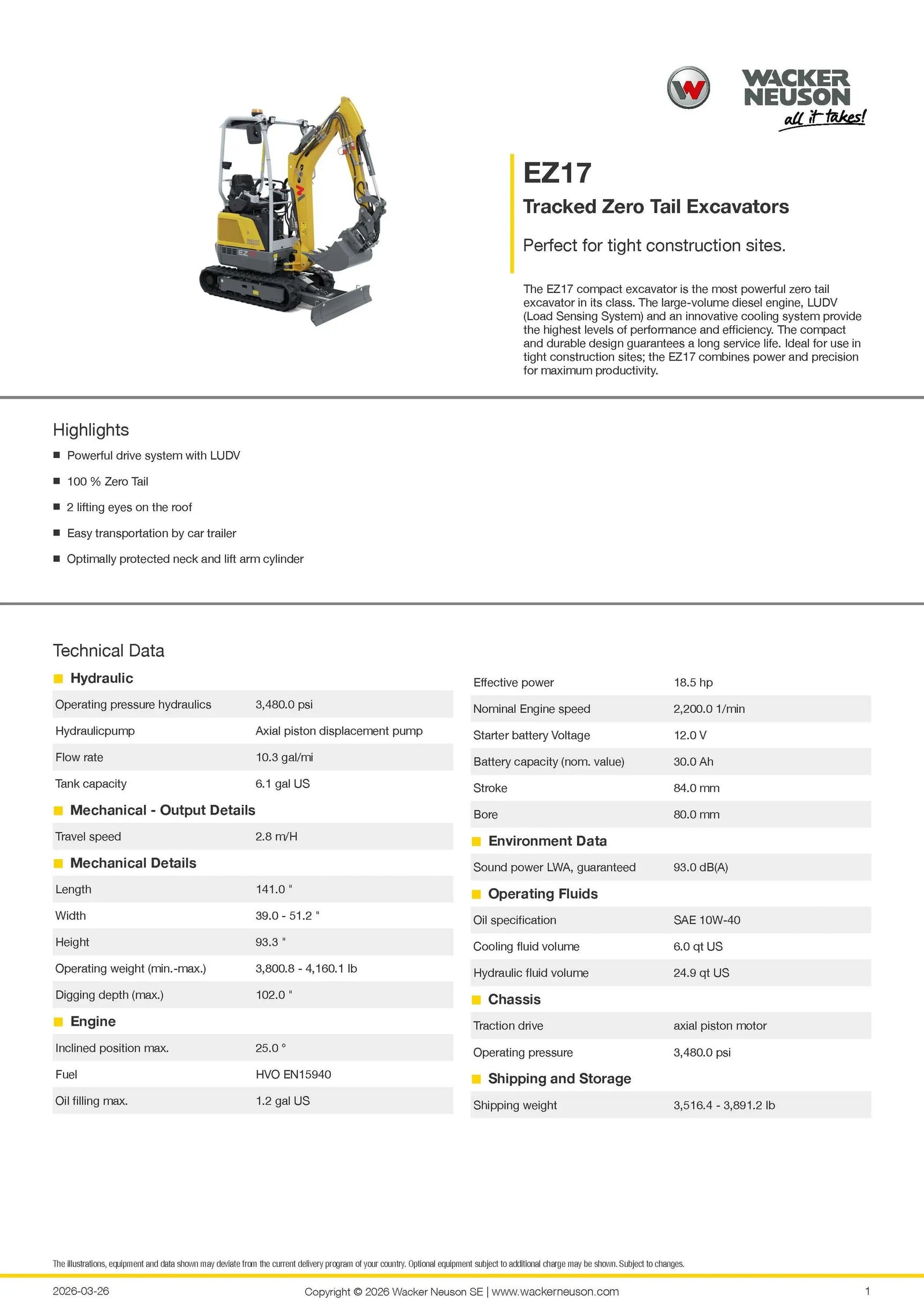 2026 WACKER NEUSON EZ17 MINI EXCAVATOR by Wacker Neuson