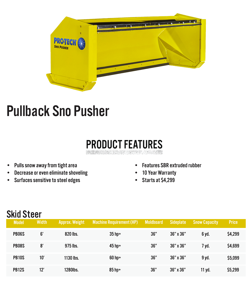 PRO-TECH SNOW PUSHER WITH PULL BACK 10YR WARRANTY
