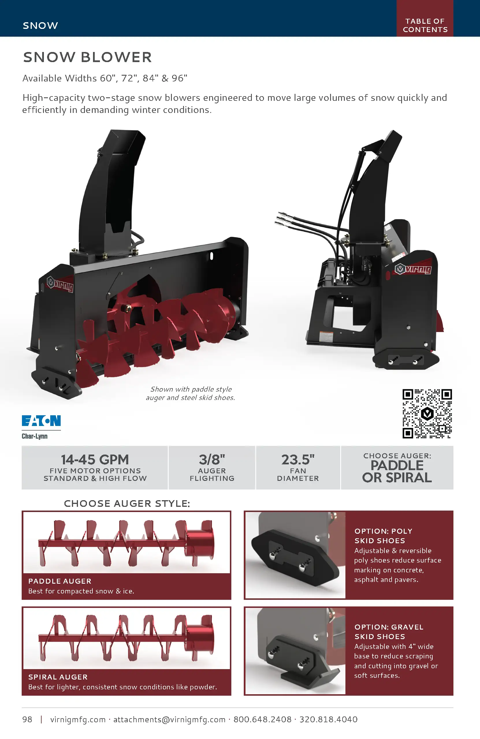 Virnig skid steer hydraulic two-stage snow blower attachment; black with red auger blades and hydraulic hoses.