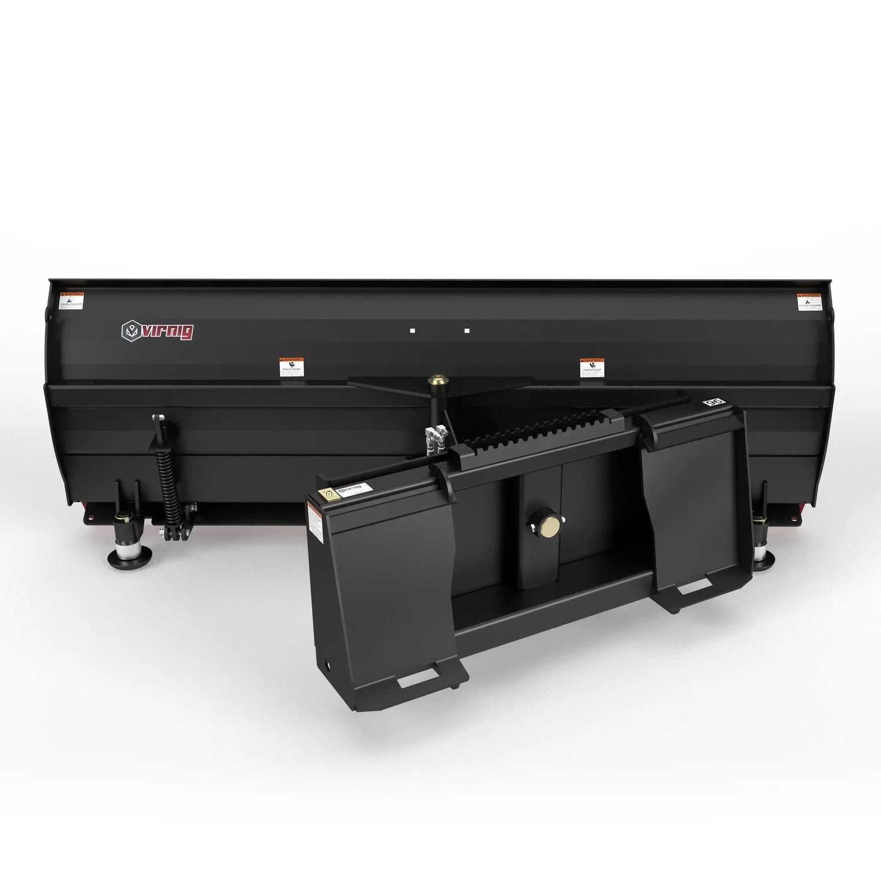 Virnig V50 hydraulic angle snow blade for skid steer, black steel attachment.