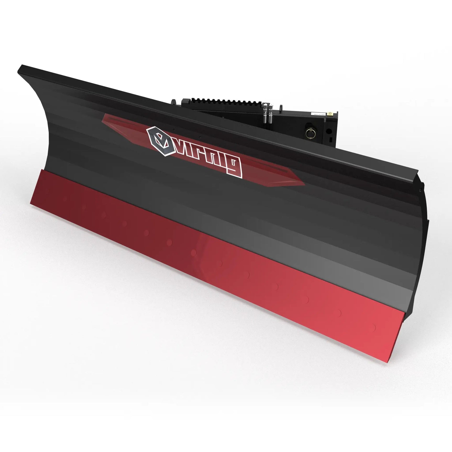 Virnig V50 hydraulic angle snow blade for skid steer, black with red bottom edge and Virnig branding.
