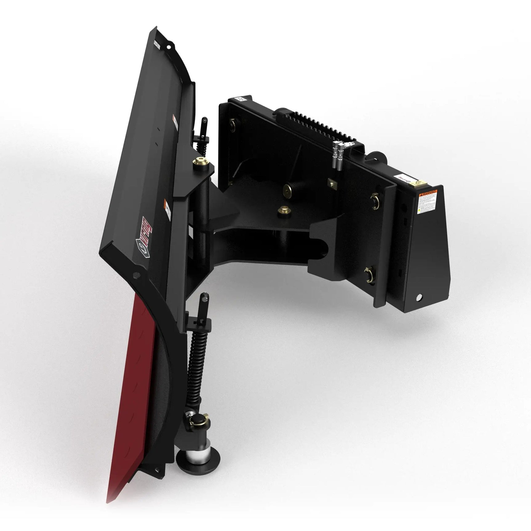 Virnig V50 hydraulic angle snow blade for skid steer attachment, black steel with red edge