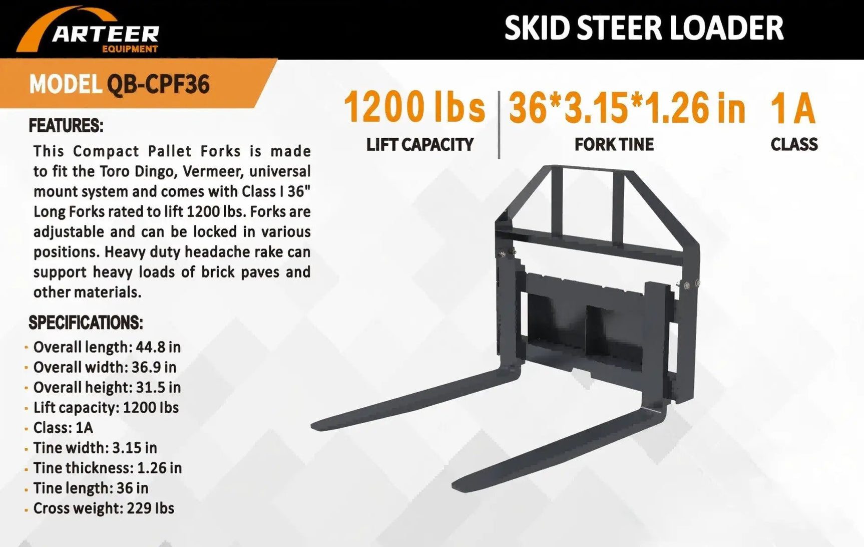 36" Fork Attachment for Mini Skid Steer by Arteer Equipment