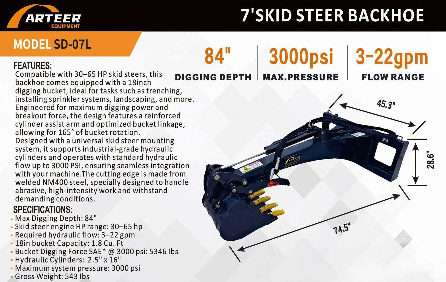 BACKHOE ATTACHMENT FOR SKID STEER 18" BUCKET 7' DEEP by Arteer Equipment