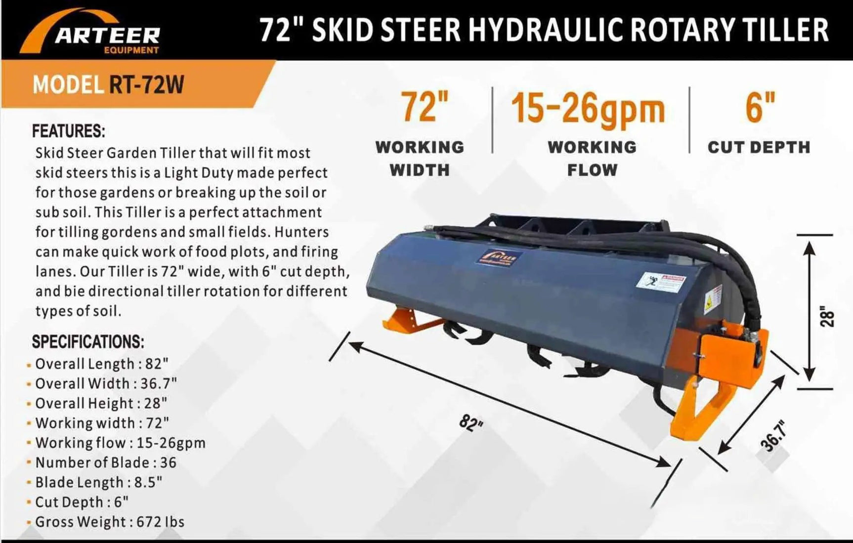 ARTEER 72" TILLER ATTACHMENT FOR SKID STEER by Arteer Equipment