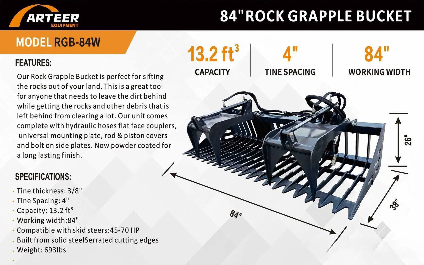 ARTEER 84" ROCK GRAPPLE BUCKET FOR SKID STEER by Arteer Equipment