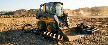 A compact skid steer loader parked on a construction site surrounded by various heavy-duty attachments including an auger, digging bucket, and brush cutter laid out on bare earth in golden-hour light.