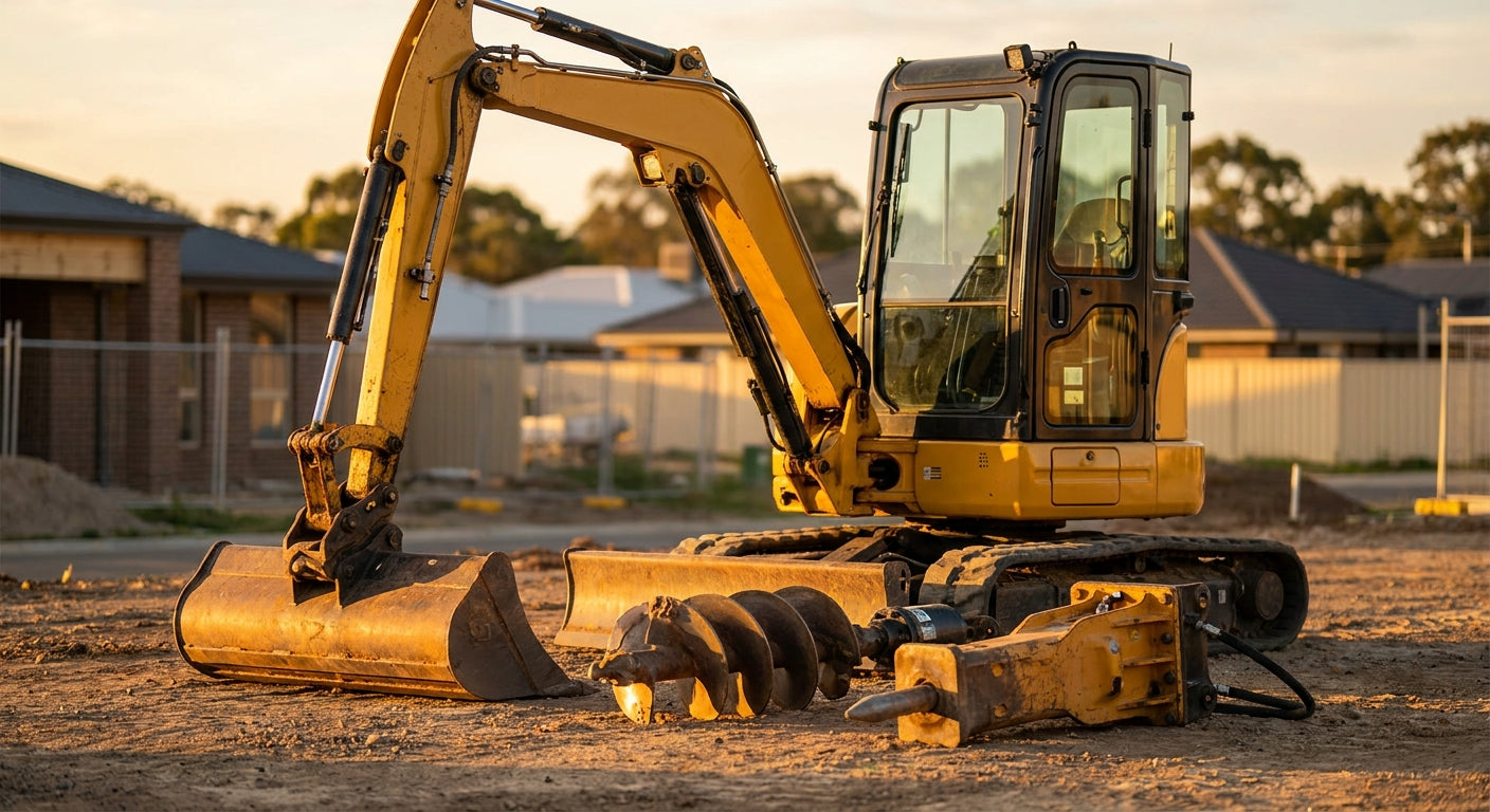 A compact yellow excavator on a construction site at golden hour, surrounded by various professional attachments laid out on the ground in front of it.