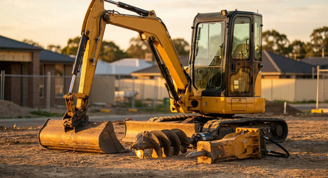 A compact yellow excavator on a construction site at golden hour, surrounded by various professional attachments laid out on the ground in front of it.