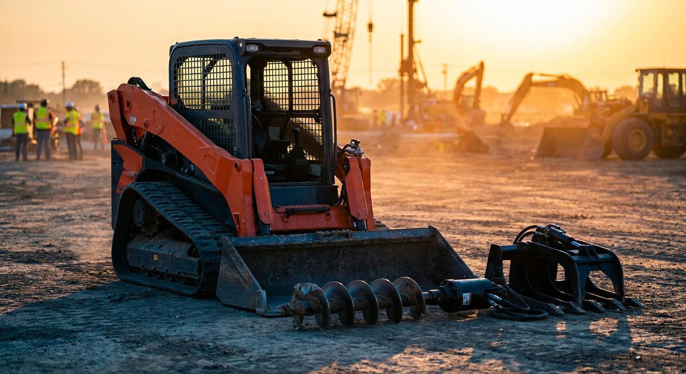 A compact track loader parked on a job site at golden hour, surrounded by a selection of professional attachments including a bucket and auger on packed earth.