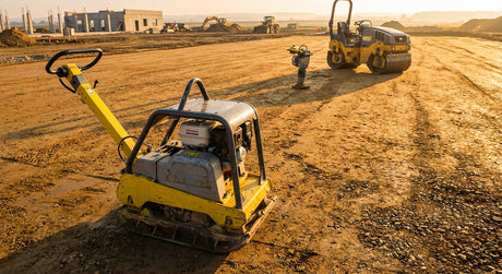 A plate compactor in the foreground of a construction site with a tamping rammer and roller visible in the background on freshly graded earth at golden hour.