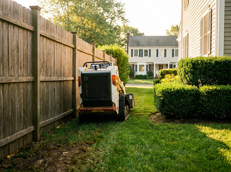 A yellow mini skid steer maneuvering through a narrow residential yard beside a wooden fence on a sunny Long Island property.