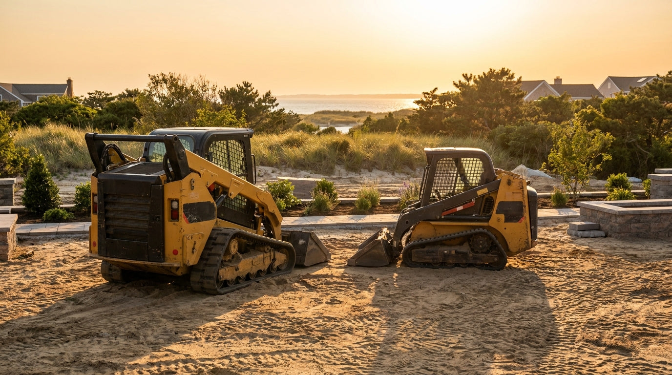 A compact track loader and mini skid steer parked side by side on a sandy suburban jobsite at golden hour with coastal surroundings in the background.