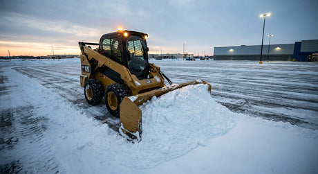 A yellow skid steer with a snow pusher attachment clearing a large commercial parking lot at dawn in winter conditions.