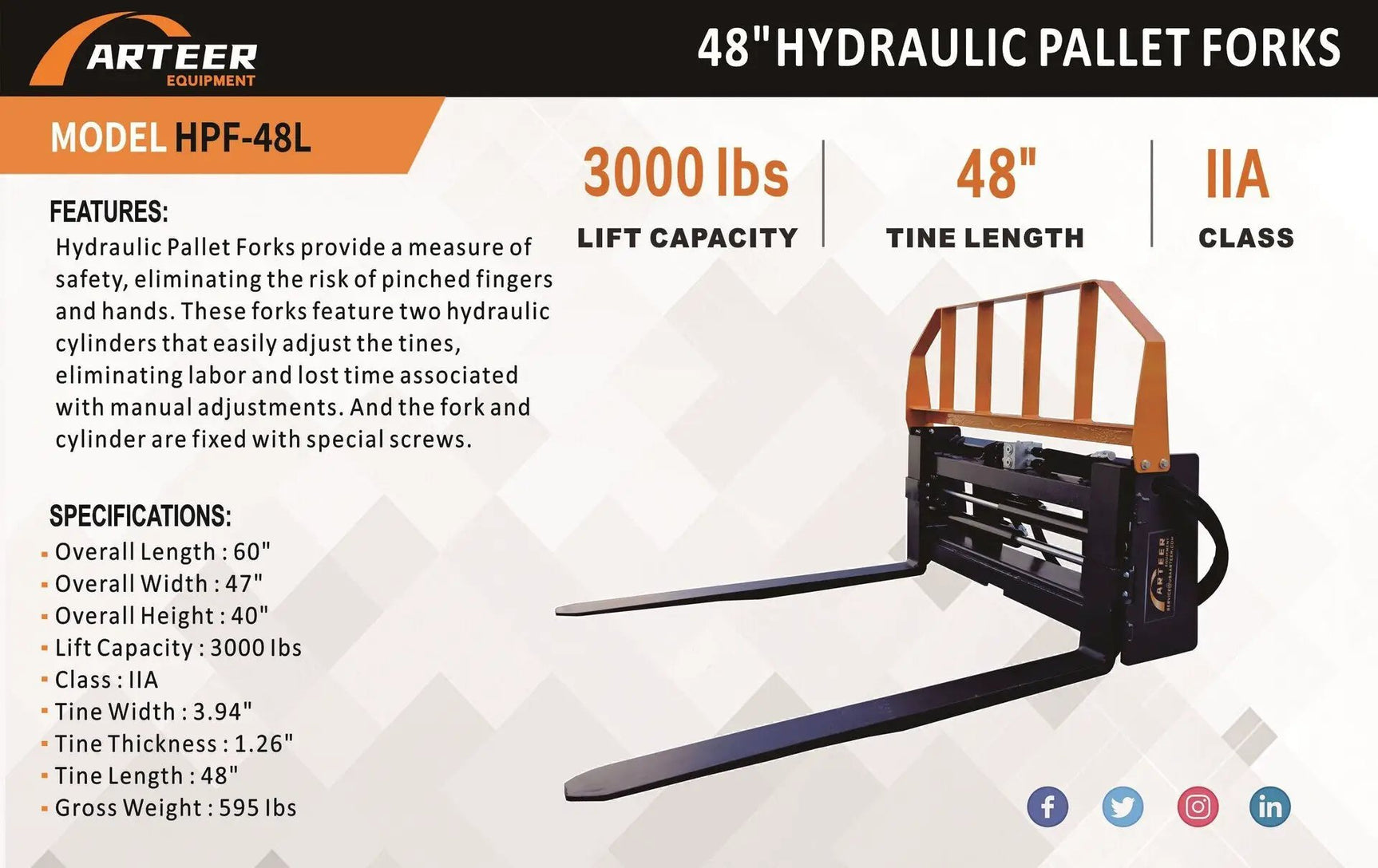 ARTEER 48" HYDRAULIC PALLET FORK ATTACHMENT FOR SKID STEER by Arteer Equipment