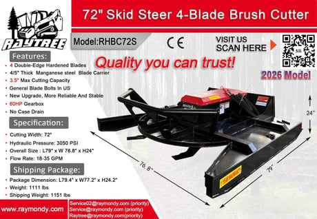 Raytree 72-Inch Heavy-Duty Skid Steer Brush Cutter, brush mower attachment