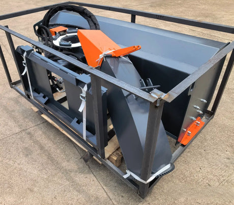 72 Inch hydraulic snow blower attachment for skid steer, gray housing with orange mounting arms.