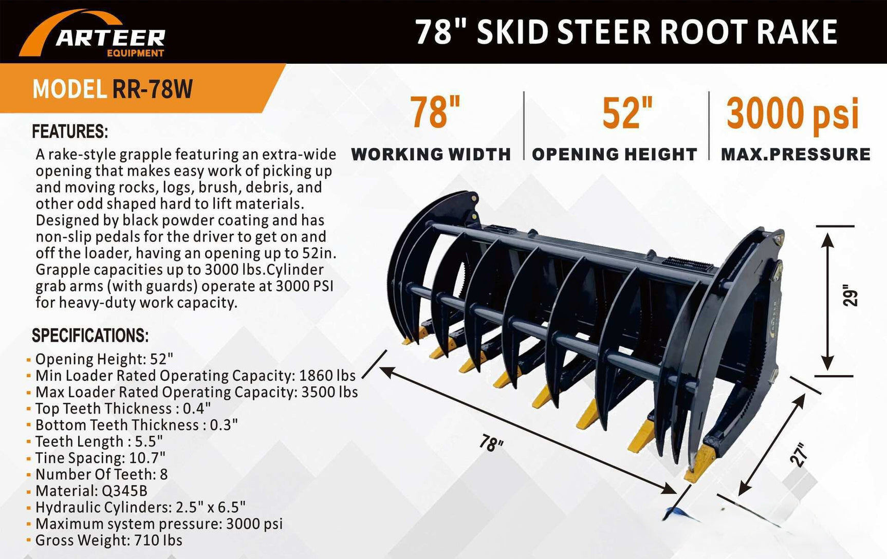 ARTEER 78" ROOT RAKE GRAPPLE FOR SKID STEER by Arteer Equipment