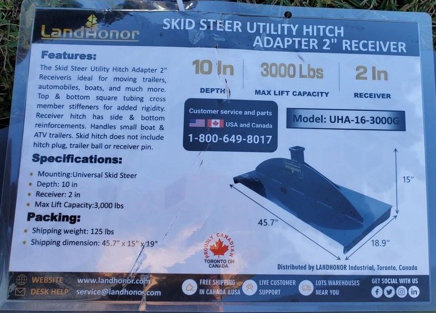 Land Honor Trailer Hitch 2" Receiver for Skid Steer Attachment