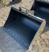 Two Trojan 42-inch clean-up buckets for CAT 305 excavator; black steel attachments.