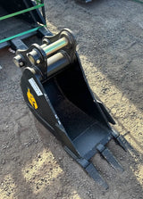 Trojan 12-inch excavator trenching bucket attachment for Cat 303/304, black steel with mounting pins.