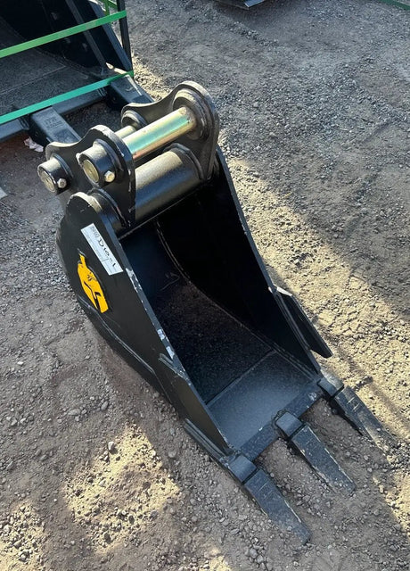 Trojan 12-inch excavator trenching bucket attachment for Cat 303/304, black steel with mounting pins.