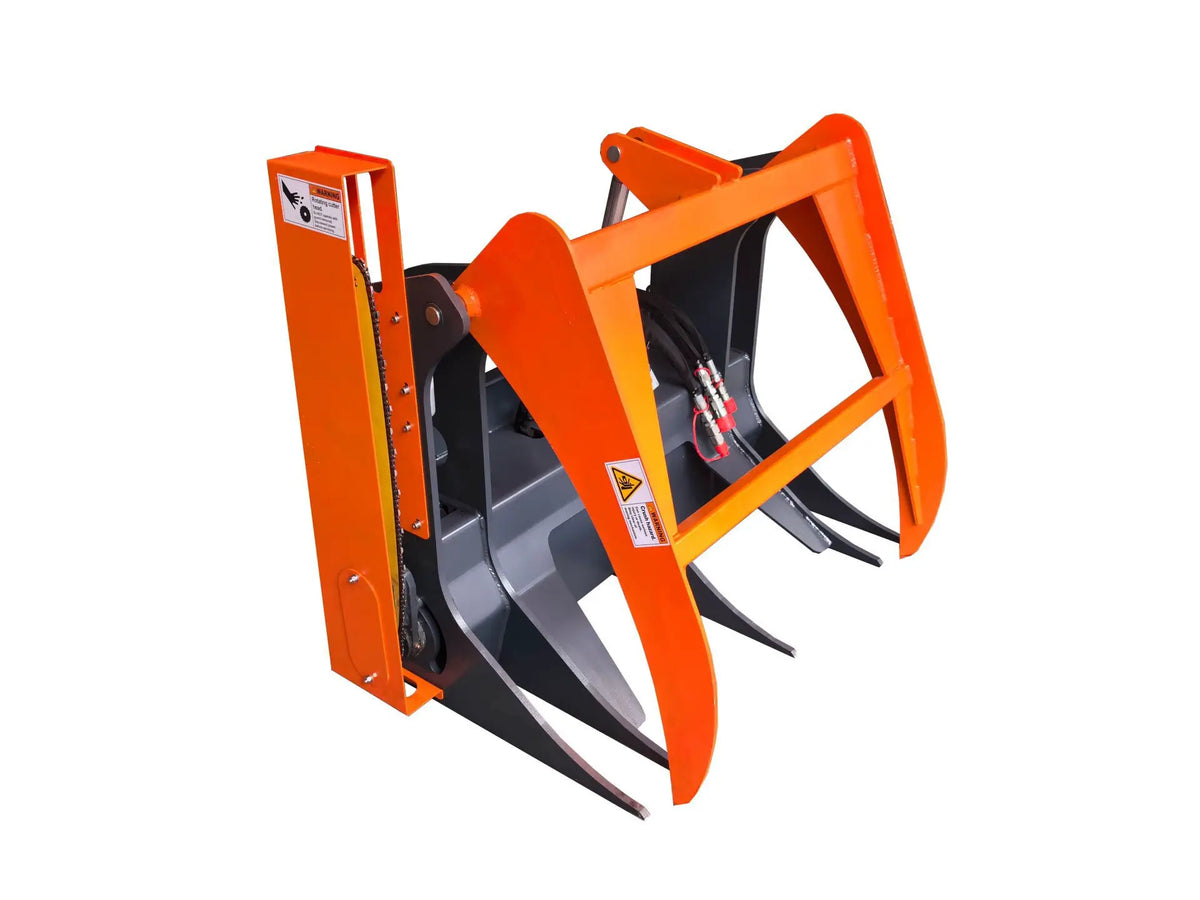Handy 26-inch Grapple Saw Attachment for Skid Steer, orange steel frame with hydraulic hoses
