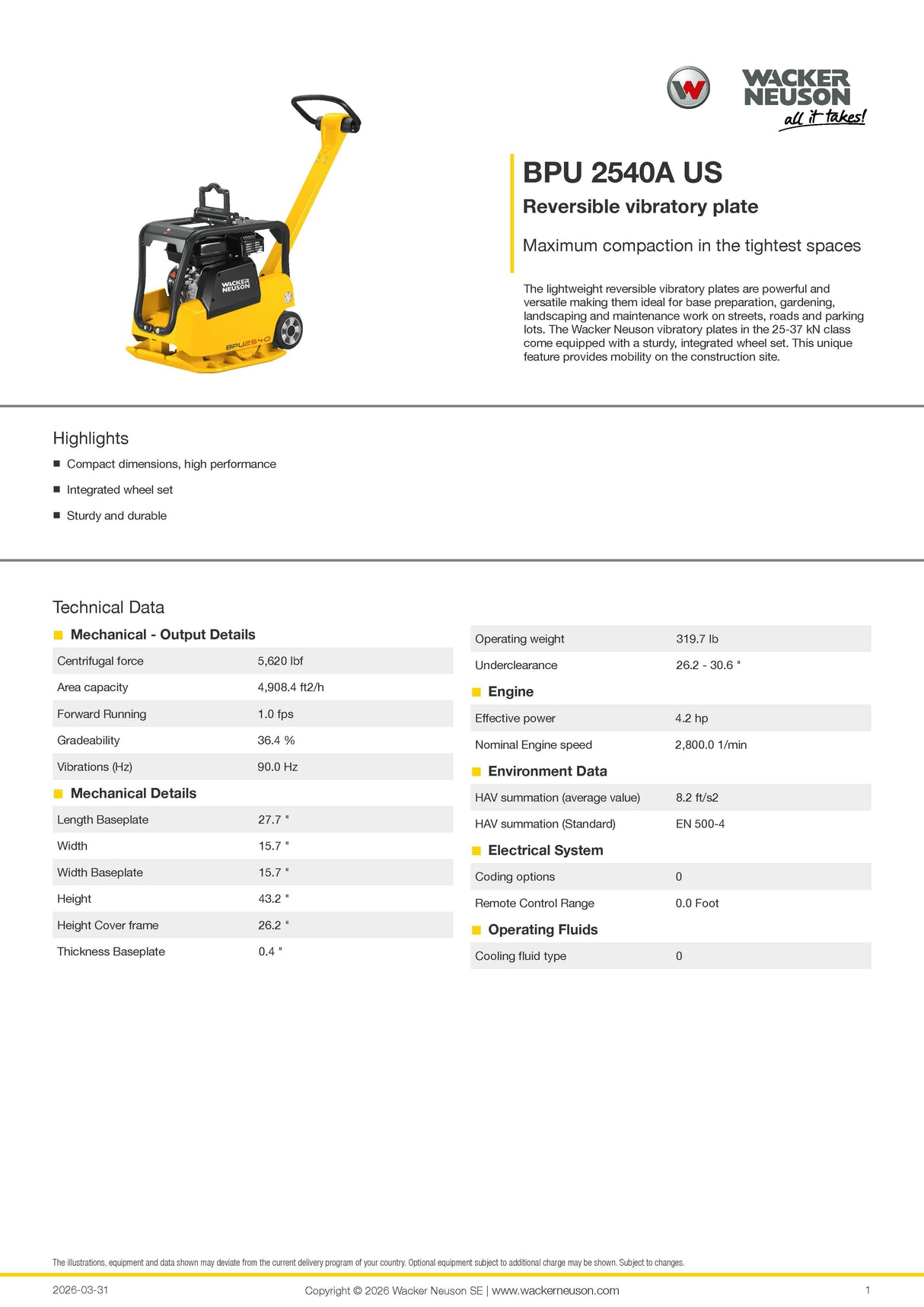 WACKER NEUSON BPU2540 REVERSIBLE PLATE TAMPER