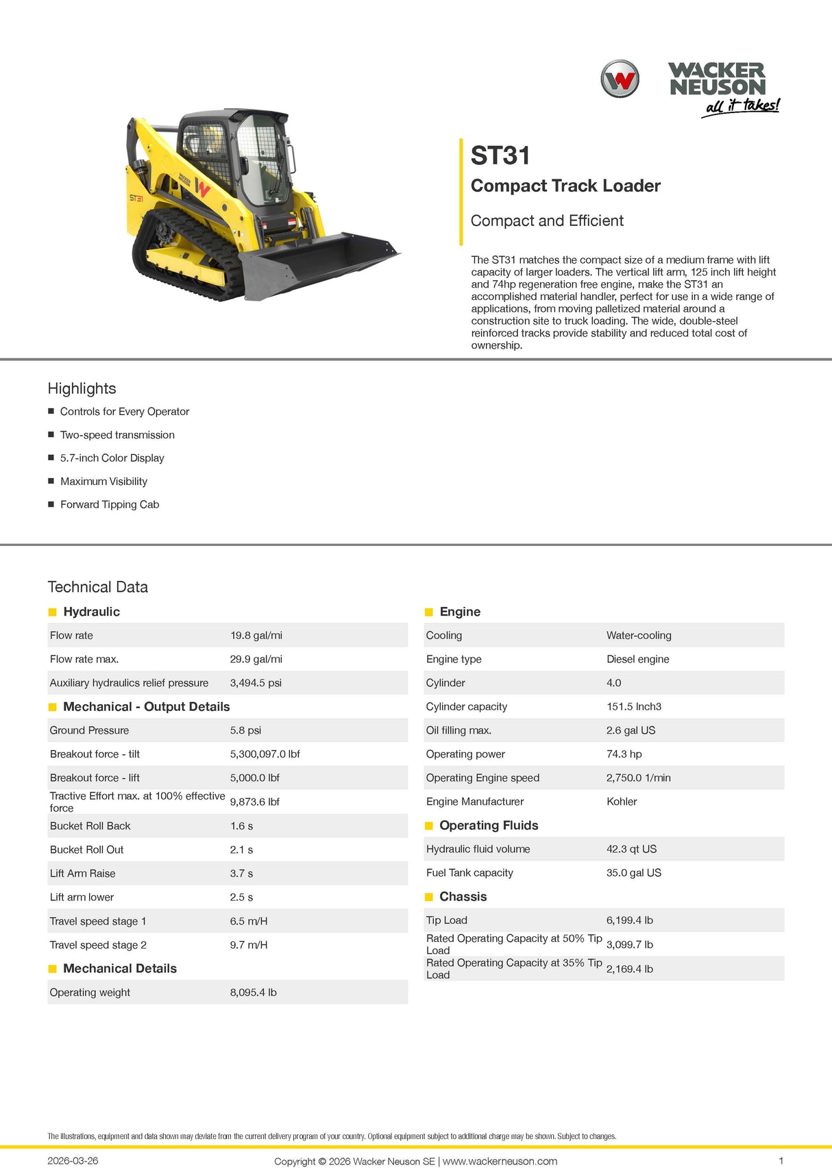 2026 WACKER NEUSON ST31 SKID STEER TRACK LOADER