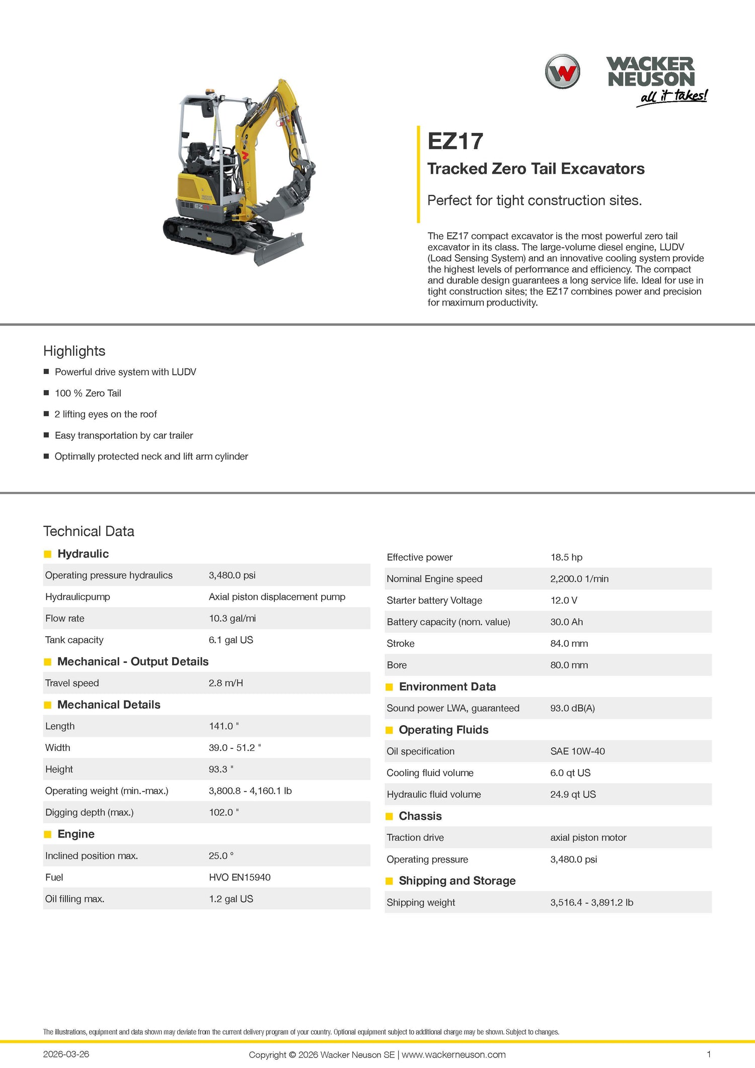 2026 WACKER NEUSON EZ17 MINI EXCAVATOR