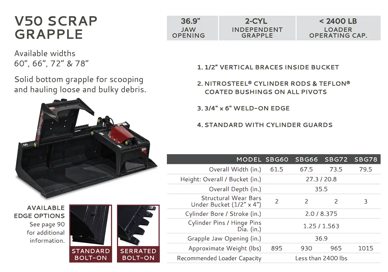 VIRNIG V50 78" SCRAP GRAPPLE BUCKET FOR SKID STEER by Virnig