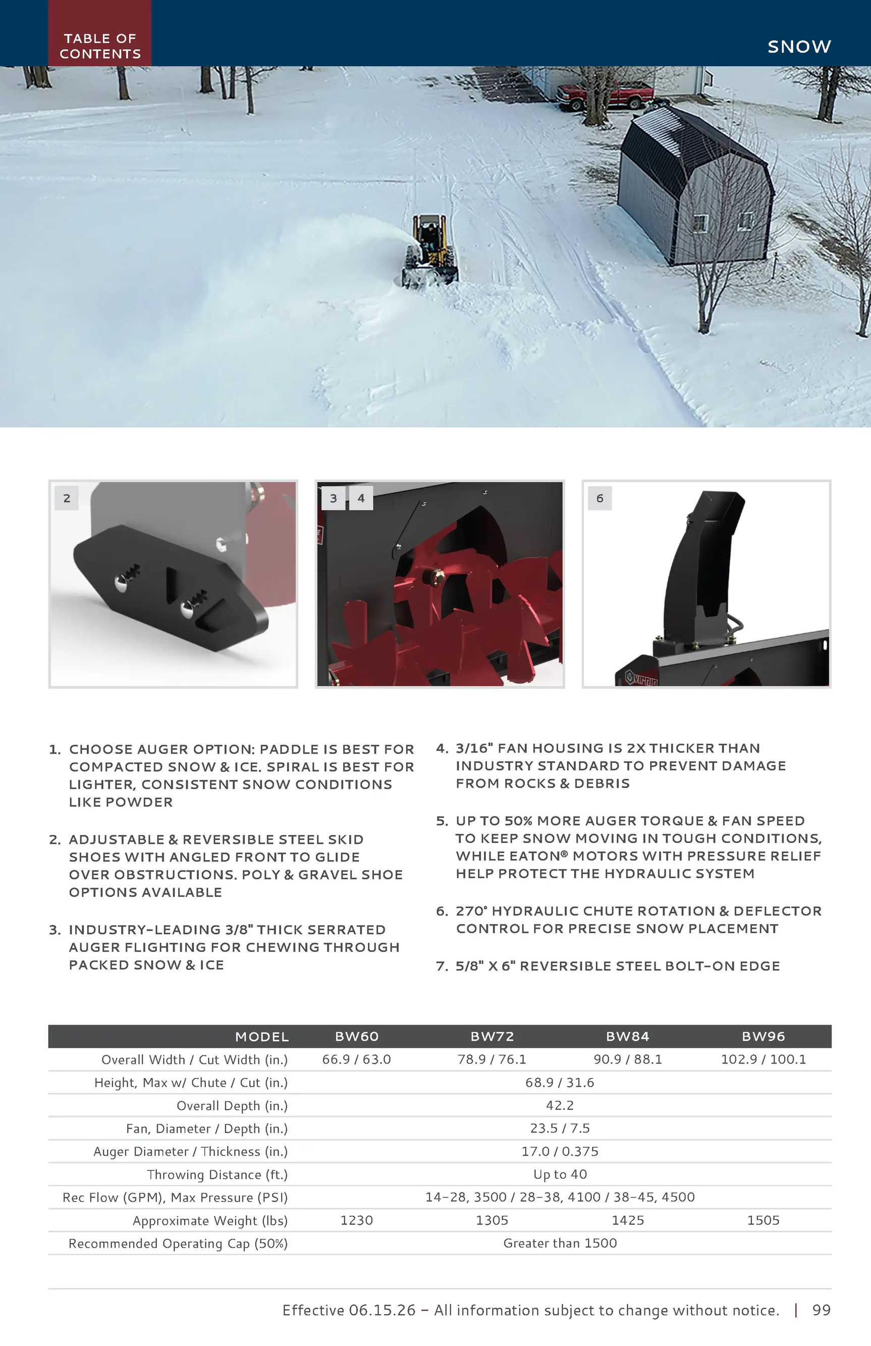Virnig skid steer hydraulic two-stage snow blower attachment clearing snow in a snowy yard