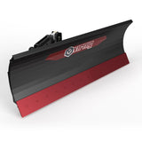 Virnig V50 hydraulic angle snow blade for skid steer; black body with red bottom edge and Virnig logo