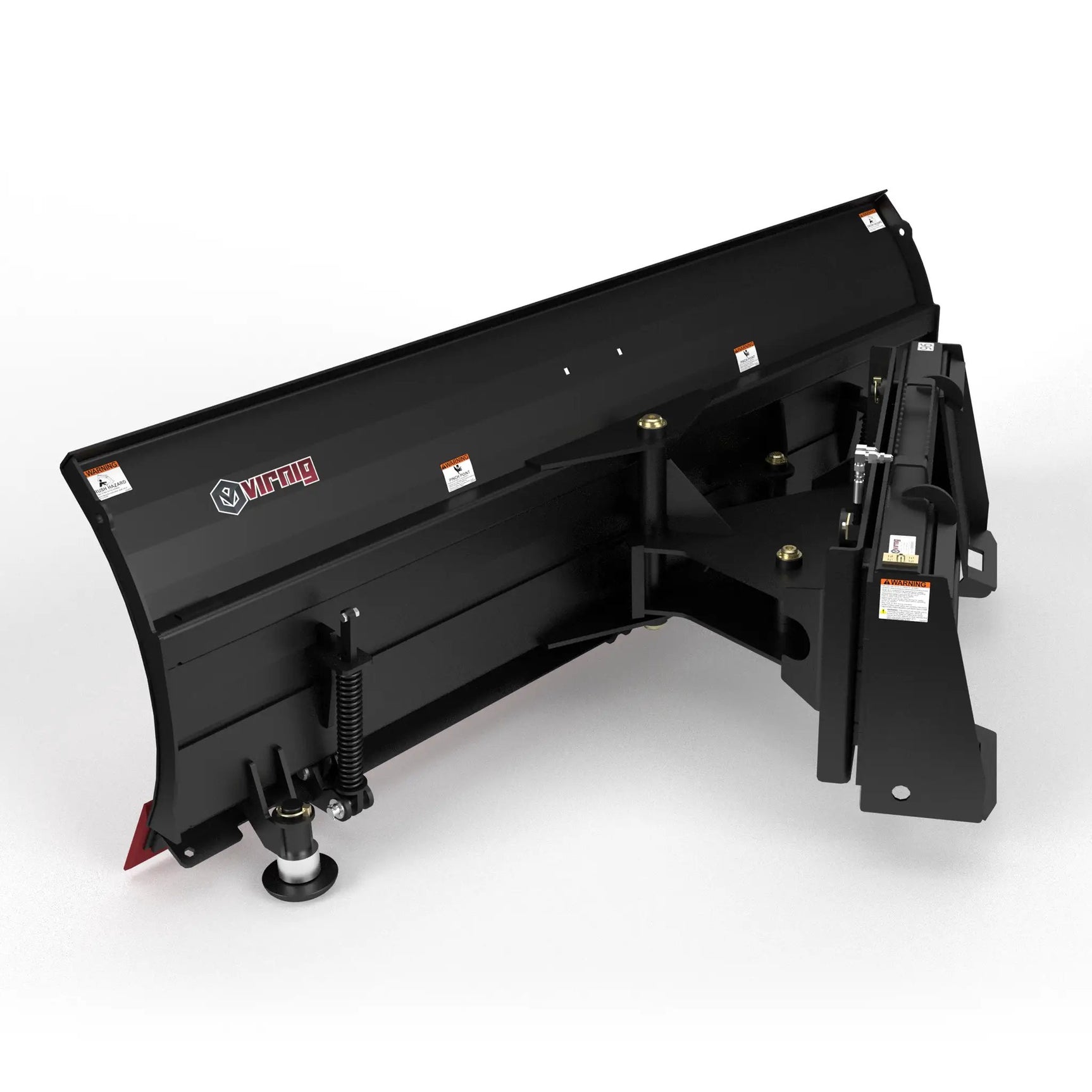 Virnig V50 hydraulic angle snow blade for skid steer; black steel construction with mounting hardware.