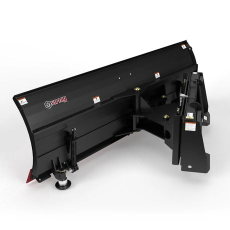 Virnig V50 hydraulic angle snow blade for skid steer; black steel construction with mounting hardware.