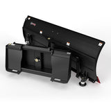 Virnig V50 hydraulic angle snow blade for skid steer; black steel with orange warning labels.