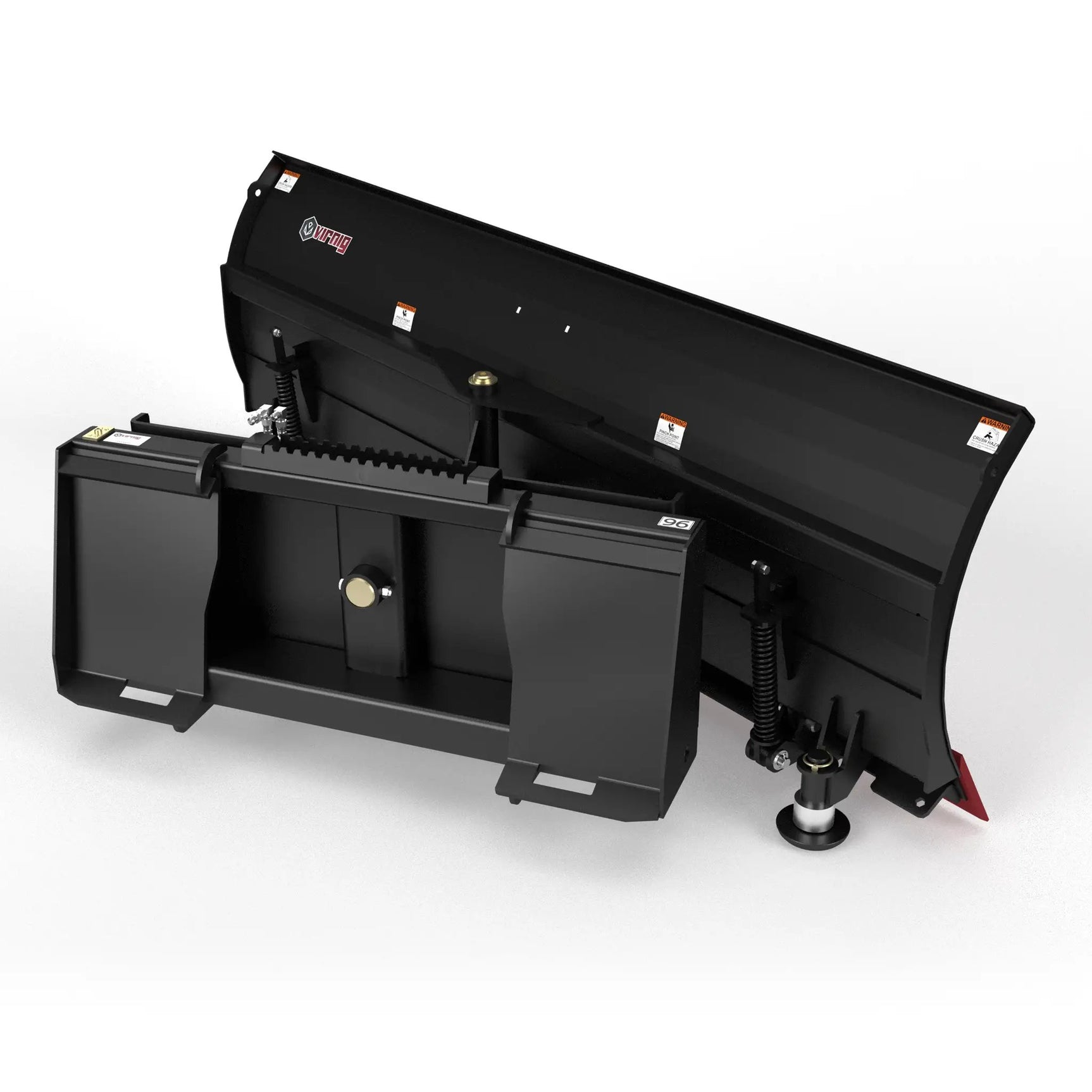 Virnig V50 hydraulic angle snow blade for skid steer; black steel with orange warning labels.