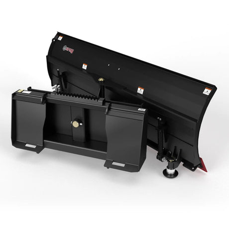 Virnig V50 hydraulic angle snow blade for skid steer; black steel with orange warning labels.