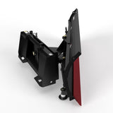 Virnig V50 hydraulic angle snow blade for skid steer; black mounting frame with red blade