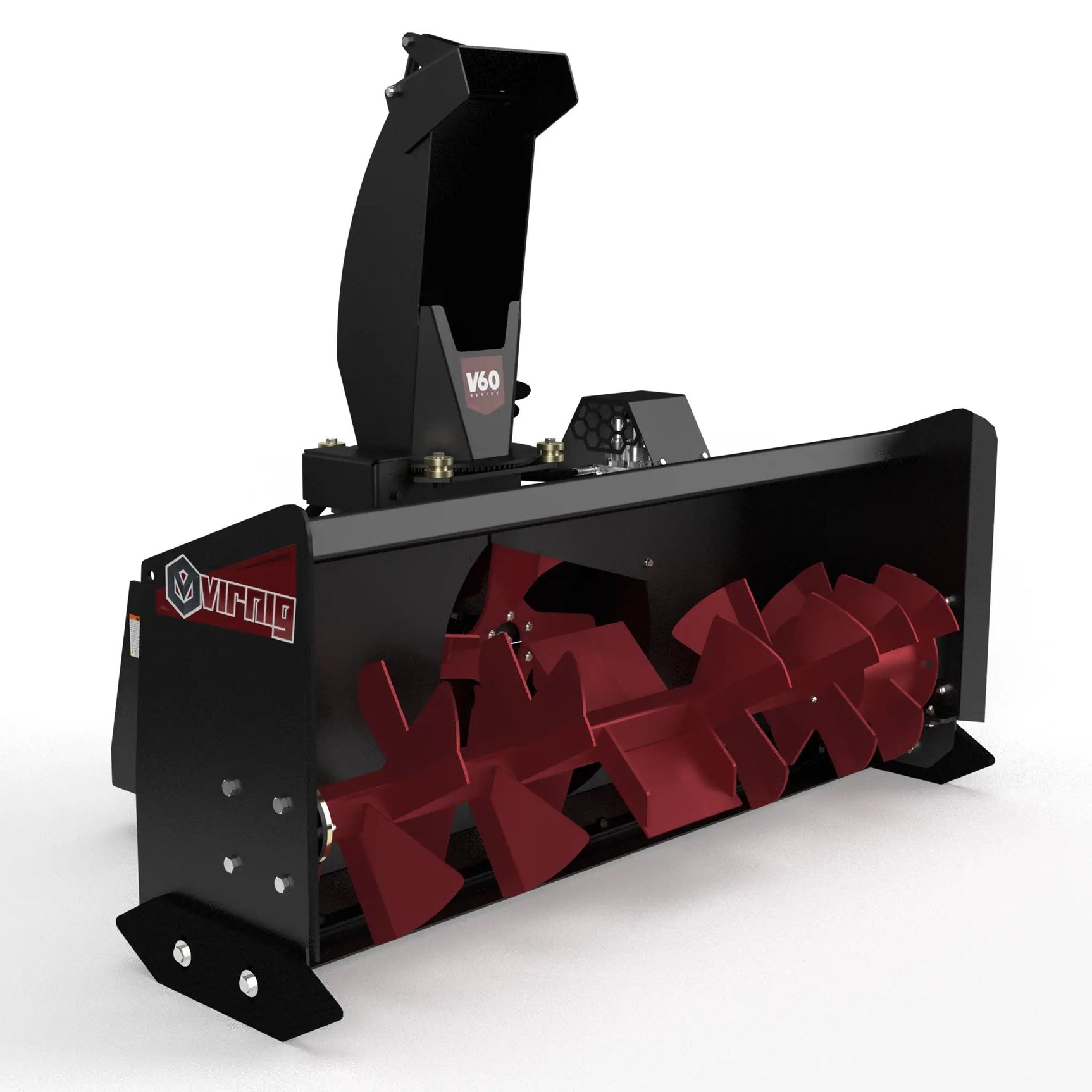 Virnig skid-steer hydraulic two-stage snow blower attachment, black housing with red auger blades