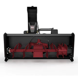 Virnig skid-steer hydraulic two-stage snow blower attachment with black housing and red auger blades